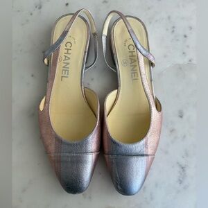 CHANEL Women's Metallic Slingback Heels - Silver and Pink